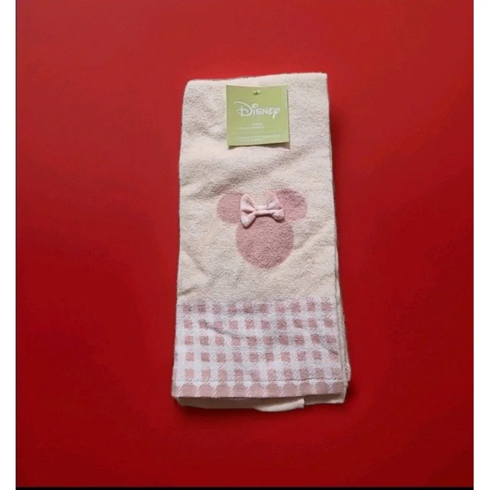 Disney Minnie Mouse Set Of 2 Kitchen Tea Towels Pink Peach White Gingham NWT